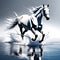 a white horse running across a body of water, digital horse, white horse.