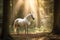 A white horse stands in a beautiful fairytale forest