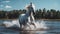 White Horse in Water - Elegance & Power, River Splendor, Wild Stallion, Nature\\\'s Dance, Equine Majesty, Summer\\\'s Freedom
