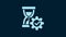White Hourglass and gear icon isolated on blue background. Time Management symbol. Clock and gear icon. Productivity