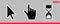 White hourglass loading clock, pointer hand and arrow mouse cursors.