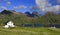 White house on the border of the fjord, Lofoten Islands