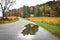 White House Reflected in a Rain Puddle on the Road in Fall