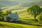 A white house stands atop a vibrant green hillside, providing an idyllic countryside setting, A rustic farmhouse nestled among