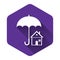 White House with umbrella icon isolated with long shadow. Real estate insurance symbol. Protection, safety, security
