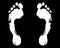 White human footprint black background isolated closeup, barefoot person foot print pattern illustration, footstep silhouette mark