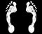 White human footprint black background isolated closeup, barefoot person foot print pattern illustration, footstep silhouette mark