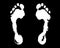 White human footprint black background isolated closeup, barefoot person foot print pattern illustration, footstep silhouette mark