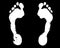 White human footprint black background isolated closeup, barefoot person foot print pattern illustration, footstep silhouette mark