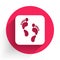 White Human footprint icon isolated with long shadow. Trace of human foot. Red circle button. Vector