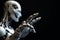 White humanoid cyborg pointing with finger on black background. Abstract robot, AI concept. AI generated