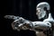 White humanoid cyborg pointing with finger on black background. Abstract robot, AI concept. AI generated