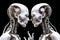 White Humanoid robots closeup, graphs, charts, very detailed, on black background. Generative AI
