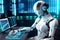 White Humanoid robots woman operator agent with headsets working in a call centre, Generative AI