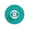 White Hypnosis icon isolated with long shadow. Human eye with spiral hypnotic iris. Green circle button. Vector