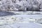 White ice floats on the river on the background of trees covered with snow and hoarfrost. Winter landscape on the lake