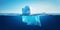 White Iceberg floating in clear blue water sea, under and above water view. Global Warming Concept. Generative AI