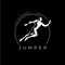 White icon of jumper silhouette on black background, sport logo template, jogging or jumping modern logotype concept, t