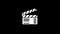 White icon of movie clapperboard appears on a black background.