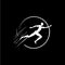 White icon of runner or jumper silhouette on black background, sport logo template, jogging or jumping modern logotype