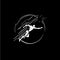 White icon of runner or jumper silhouette on black background, sport logo template, jogging or jumping modern logotype