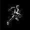 White icon of runner silhouette on black background, sport logo template, jogging or jumping modern logotype concept, t