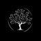 White icon of tree silhouette on black background, wise symbol, education sign, boho logo concept, t-shirts print