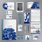 White identity template with blue origami elements. Vector company style for brandbook guideline and Pens mugs CDs books business