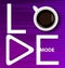 White Inscription love mode with a cup of coffee and play button on bright purple background with sound wave equalizer