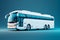 White intercity bus on solid blue background..