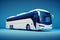 White intercity bus on solid blue background..