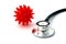 On a white isolated background lies a stethoscope and a red virus mockup.