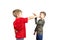 On white isolated background two boys athlete train block against hand punch