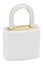 White Isolated Padlock Macro Closeup, Large Detailed Vertical Studio Shot, Closed Lock Protection Security Concept, Golden Brass