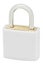 White Isolated Padlock Macro Closeup, Large Detailed Vertical Studio Shot, Closed Lock Protection Security Concept, Golden Brass