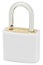 White Isolated Padlock Macro Closeup, Large Detailed Vertical Studio Shot, Open Lock Protection Security Concept, Golden Brass