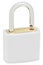 White Isolated Padlock Macro Closeup, Large Detailed Vertical Studio Shot, Open Lock Protection Security Concept, Golden Brass