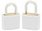 White Isolated Padlock Pair Macro Closeup, Large Detailed Vertical Studio Shot, Open, Closed Lock Protection Security Concept