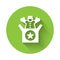 White Jack in the box toy icon isolated with long shadow. Jester out of the box. Green circle button. Vector