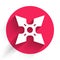 White Japanese ninja shuriken icon isolated with long shadow. Red circle button. Vector