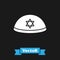 White Jewish kippah with star of david icon isolated on black background. Jewish yarmulke hat. Vector