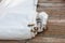 A white jib sail rolled up on the dock with shows a close up of the bolt rope and copper hanks