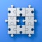 White jigsaw puzzle pieces one missing concept on blue wall background with shadow 3D render