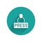 White Journalist news reporter icon isolated with long shadow background. Green circle button. Vector