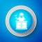 White Judge with gavel on table icon isolated on blue background. Circle blue button with white line. Vector