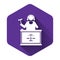 White Judge with gavel on table icon isolated with long shadow. Purple hexagon button