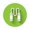 White Jump rope icon isolated with long shadow. Skipping rope. Sport equipment. Green circle button. Vector