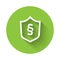 White Justice law in shield icon isolated with long shadow. Green circle button. Vector