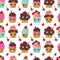 White Kawaii cupcakes with happy faces seamless pattern background.