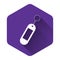 White Key chain icon isolated with long shadow. Blank rectangular keychain with ring and chain for key. Purple hexagon